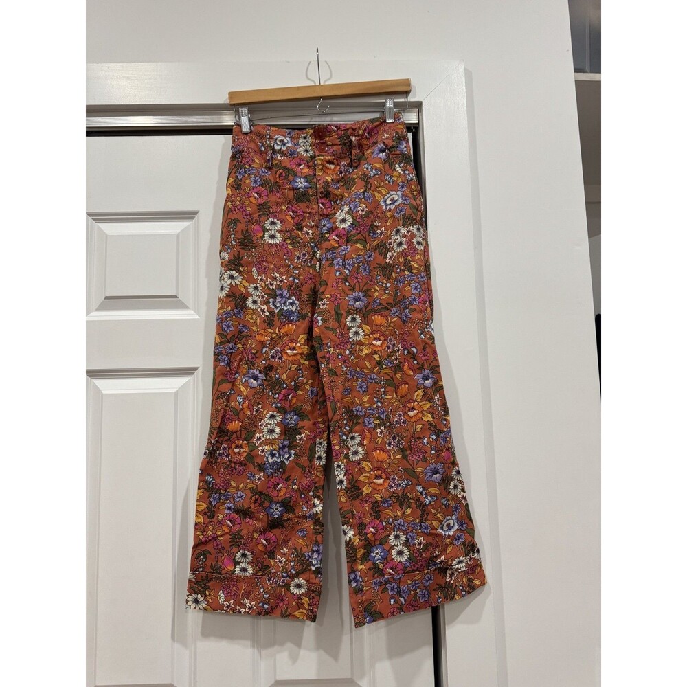 Anthropologie Maeve Womens 2 Orange Floral Power High Rise Wide Leg Crop Pants
